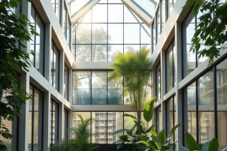 Bâtiment moderne écologique avec de grandes fenêtres, abondante lumière naturelle, entouré de plantes vertes et de caractéristiques architecturales...
