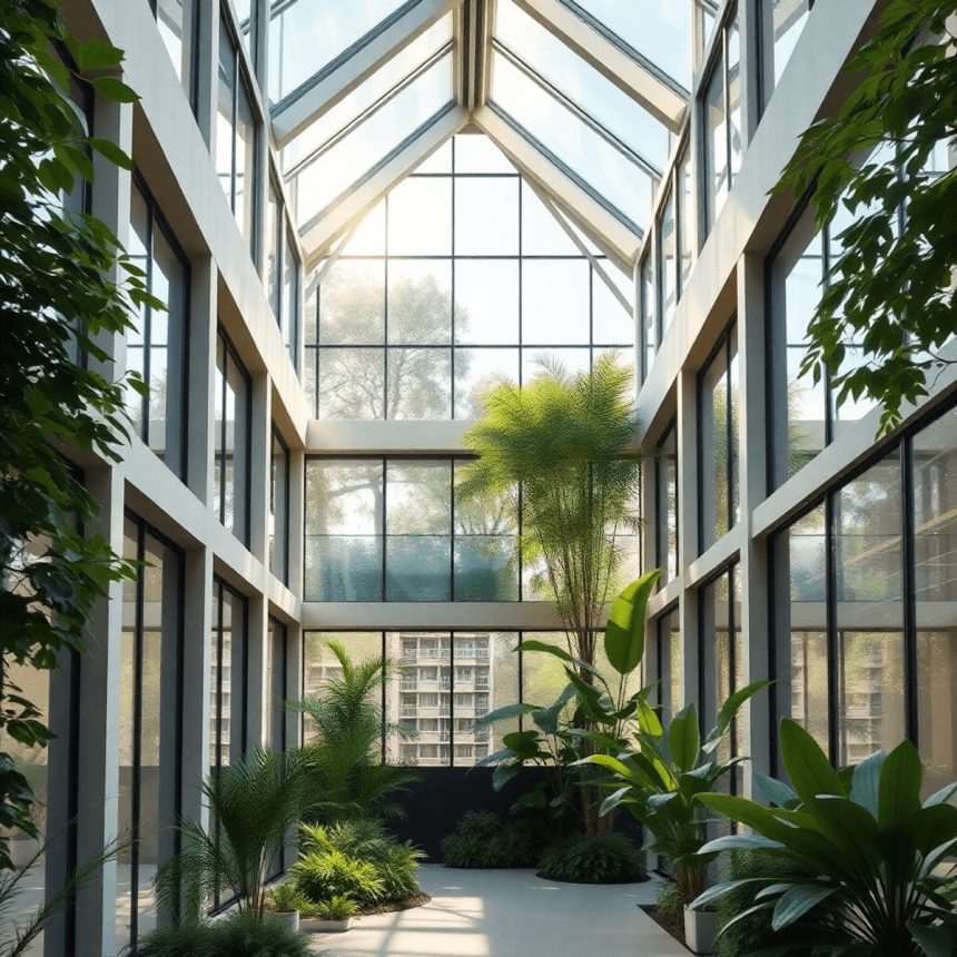 Bâtiment moderne écologique avec de grandes fenêtres, abondante lumière naturelle, entouré de plantes vertes et de caractéristiques architecturales...