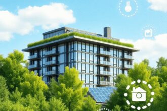 Bâtiment moderne et durable avec des panneaux solaires et des arbres verts, présentant des icônes numériques pour les concepts d'innovation et d'éc...