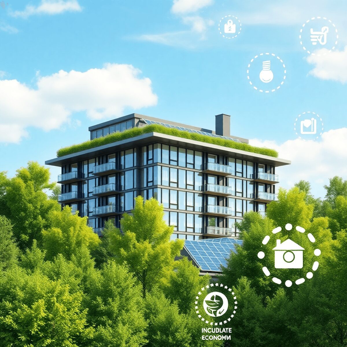 Bâtiment moderne et durable avec des panneaux solaires et des arbres verts, présentant des icônes numériques pour les concepts d'innovation et d'éc...