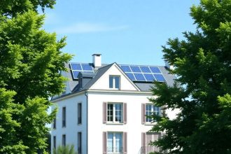 Bâtiment résidentiel moderne français avec des panneaux solaires sur le toit, entouré d'arbres verts sous un ciel bleu clair, mettant en valeur une...