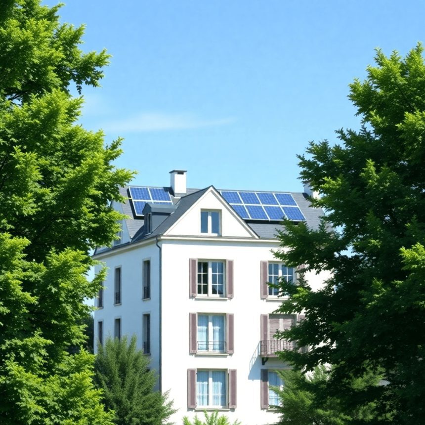 Bâtiment résidentiel moderne français avec des panneaux solaires sur le toit, entouré d'arbres verts sous un ciel bleu clair, mettant en valeur une...