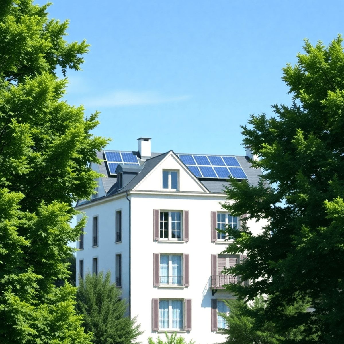 Bâtiment résidentiel moderne français avec des panneaux solaires sur le toit, entouré d'arbres verts sous un ciel bleu clair, mettant en valeur une...