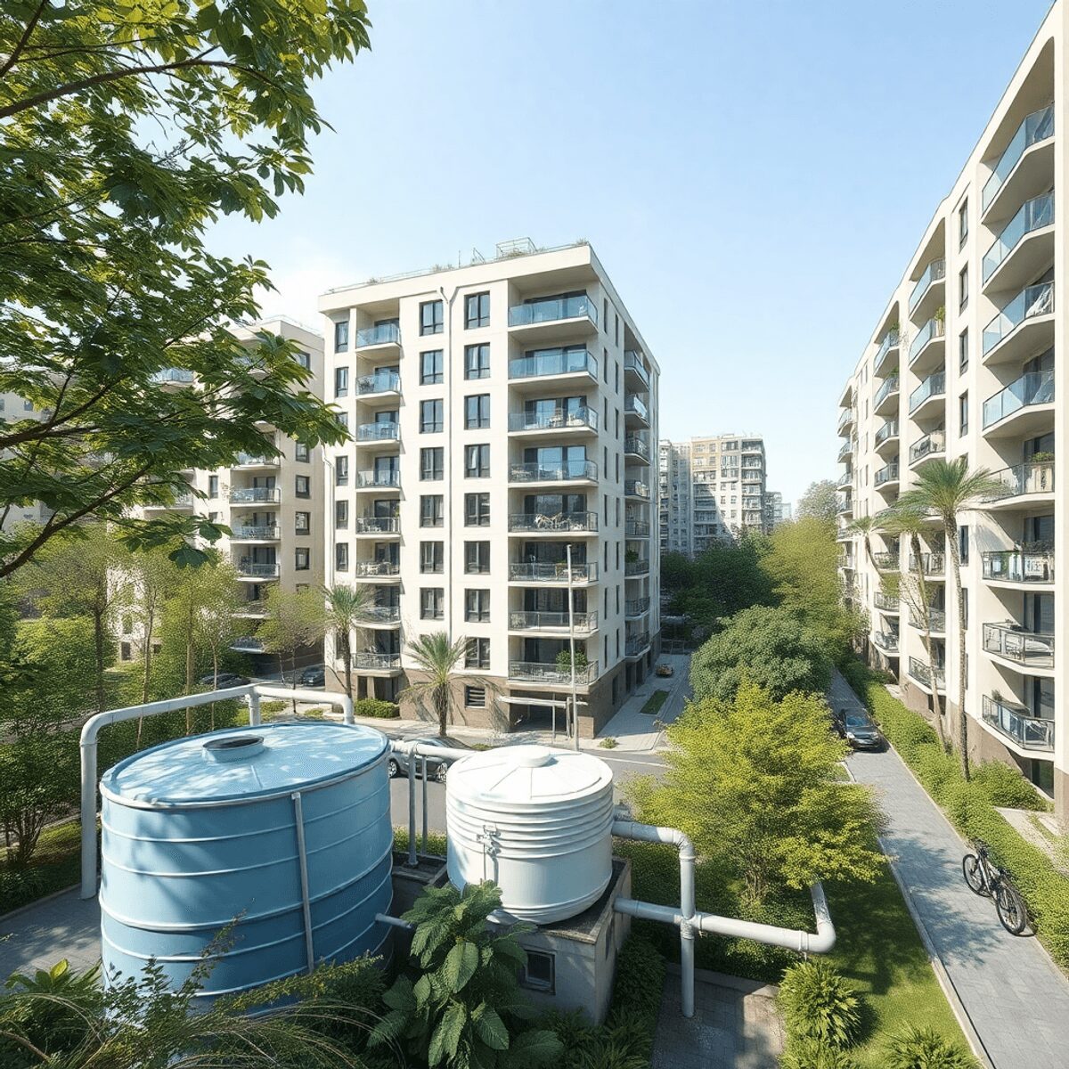 Bâtiment résidentiel urbain moderne avec des espaces verts, des réservoirs d'eau de pluie et des tuyaux d'eaux grises mettant en avant une gestion ...