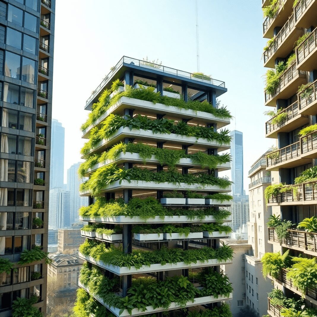 Bâtiment urbain moderne avec des jardins verticaux et des systèmes hydroponiques, verdure luxuriante sur plusieurs niveaux contre une ligne d'horiz...