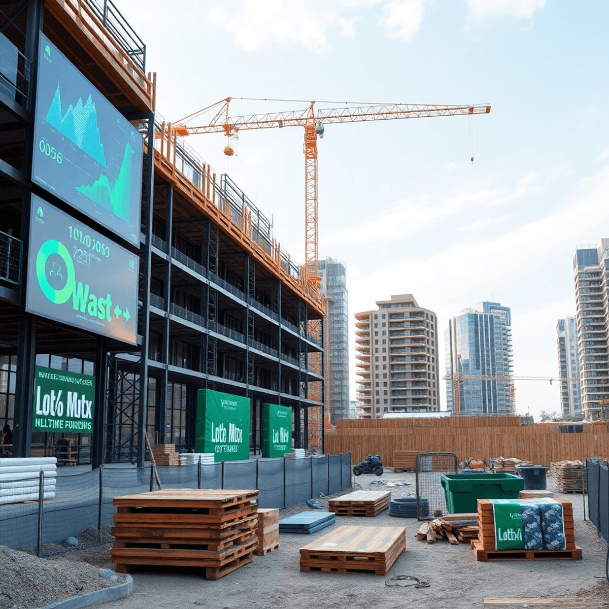 Chantier de construction avec des écrans numériques et des capteurs surveillant les déchets, les matériaux écologiques et les bâtiments durables so...