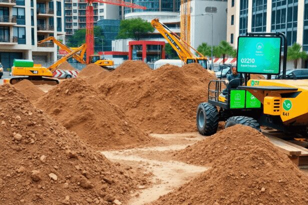 Chantier de construction avec des machines écologiques triant le sol excavé, écrans numériques affichant des données, mettant en avant la réutilisa...
