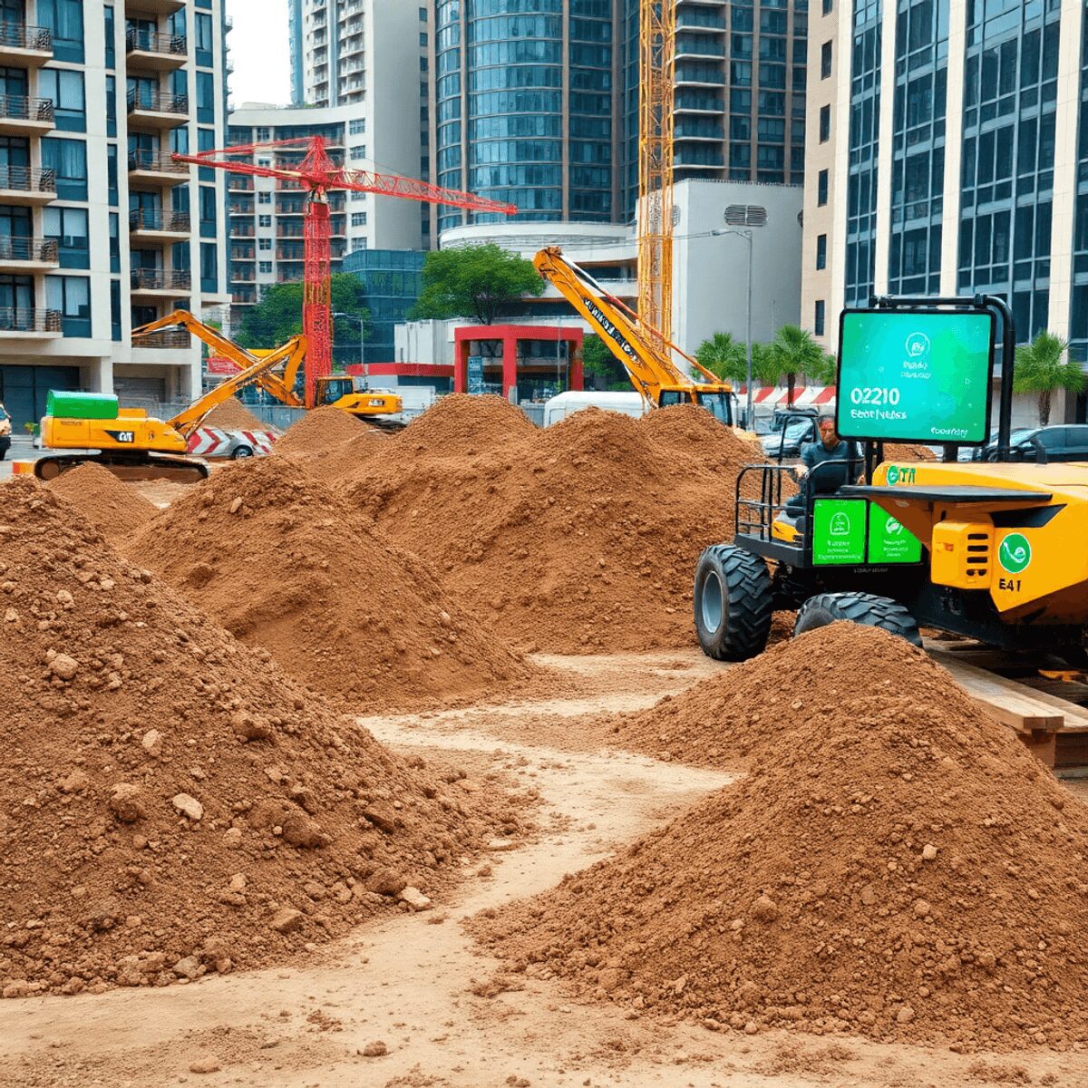 Chantier de construction avec des machines écologiques triant le sol excavé, écrans numériques affichant des données, mettant en avant la réutilisa...