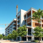 Chantier de construction avec des matériaux écologiques, entouré d'arbres verts sous un ciel bleu clair, illustrant le développement d'infrastructu...