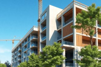 Chantier de construction avec des matériaux écologiques, entouré d'arbres verts sous un ciel bleu clair, illustrant le développement d'infrastructu...