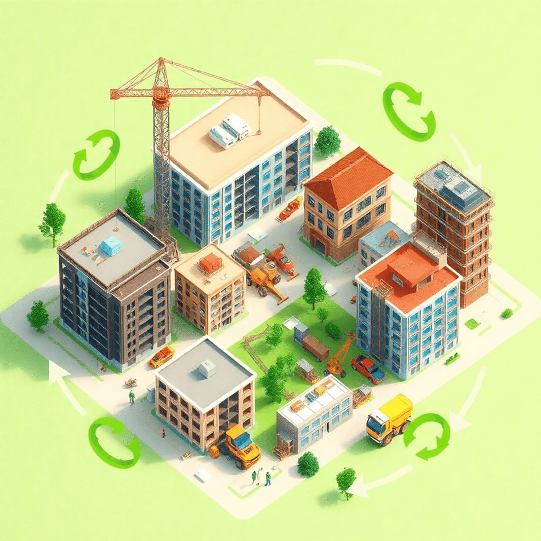 Chantier de construction avec plusieurs bâtiments partageant des machines et des matériaux, entouré de symboles écologiques verts de durabilité et ...