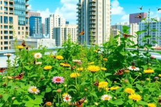 Jardin sur le toit luxuriant avec des plantes vertes, des fleurs colorées, des abeilles et des papillons contre des bâtiments modernes de la ville ...