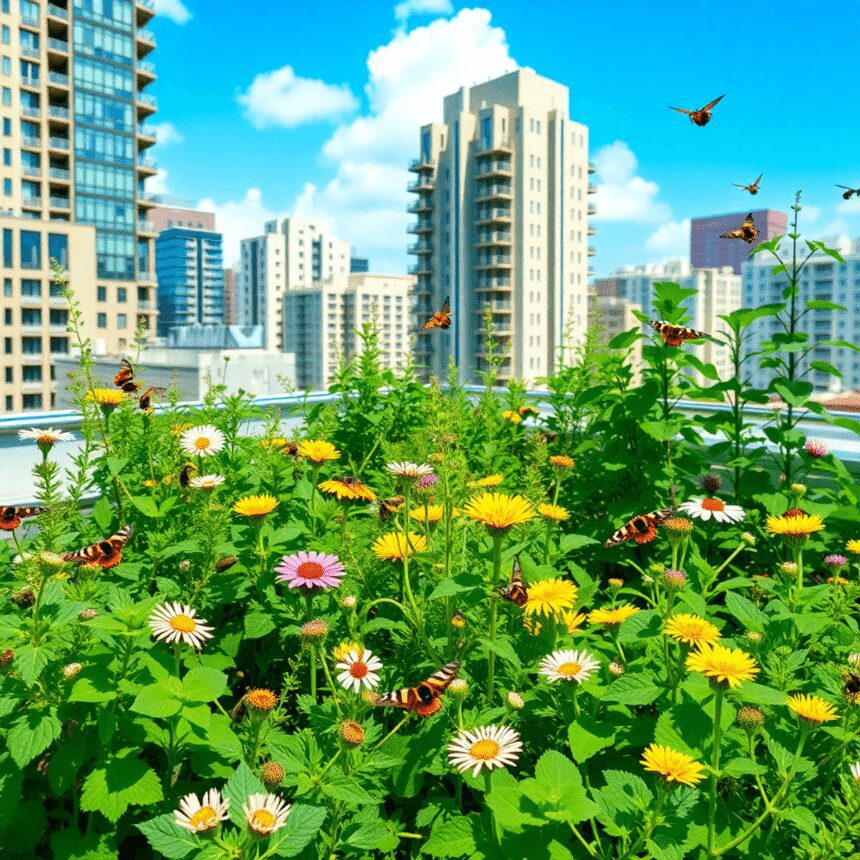 Jardin sur le toit luxuriant avec des plantes vertes, des fleurs colorées, des abeilles et des papillons contre des bâtiments modernes de la ville ...
