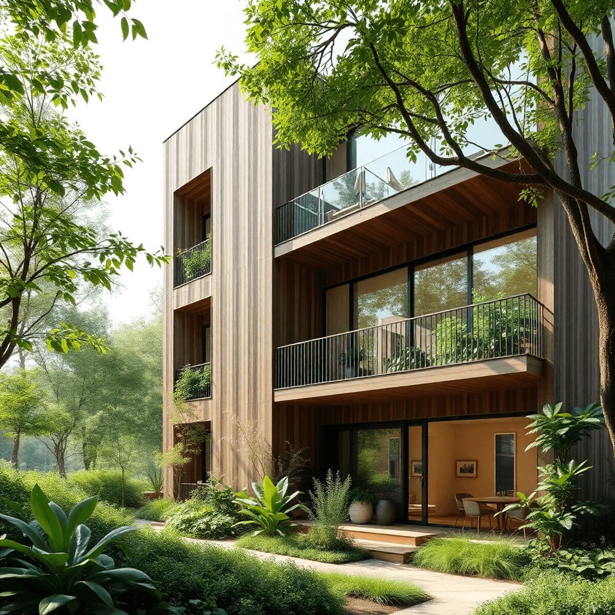 Maison moderne écologique avec des matériaux en bois et en chanvre, entourée d'une végétation luxuriante et baignée de douce lumière naturelle, véh...