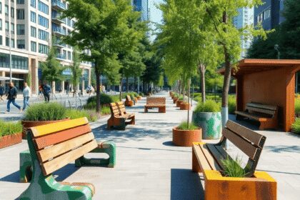 Parc urbain avec des meubles publics écologiques fabriqués à partir de matériaux industriels réutilisés, y compris des bancs, des jardinières et de...