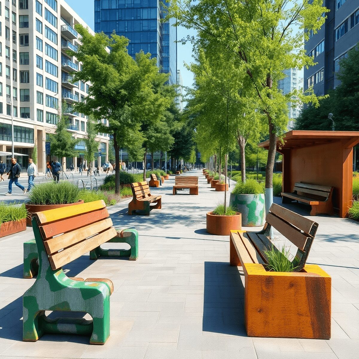 Parc urbain avec des meubles publics écologiques fabriqués à partir de matériaux industriels réutilisés, y compris des bancs, des jardinières et de...