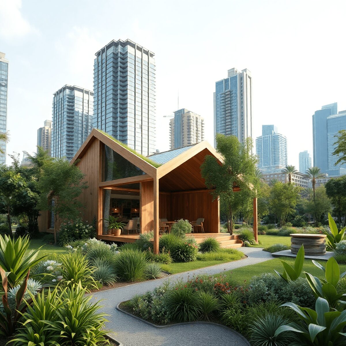Parc urbain avec des structures en bois et en béton écologiques, des plantes luxuriantes et des bâtiments de la ville sous un ciel clair dans un st...