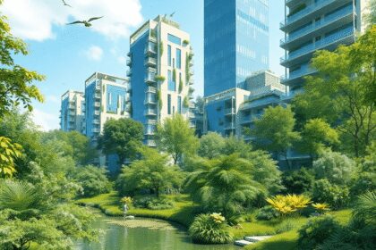 Parc urbain ensoleillé avec des bâtiments écologiques modernes, une végétation luxuriante, des points d'eau et des oiseaux, mettant en valeur l'har...