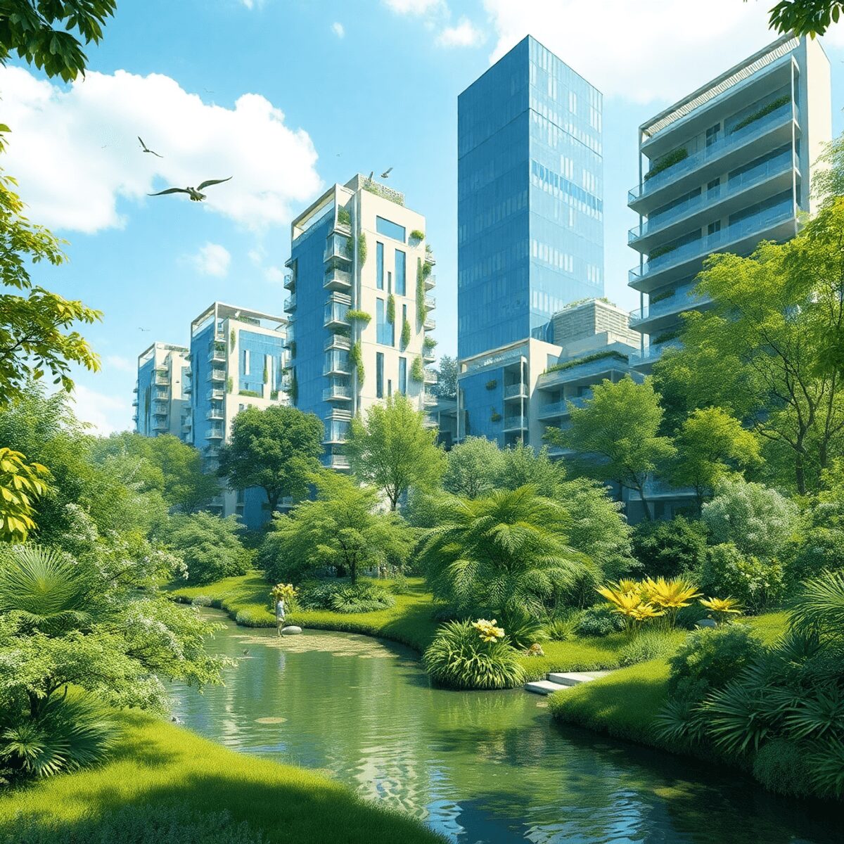 Parc urbain ensoleillé avec des bâtiments écologiques modernes, une végétation luxuriante, des points d'eau et des oiseaux, mettant en valeur l'har...
