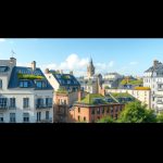 Paysage urbain moderne avec des bâtiments écoénergétiques, des panneaux solaires et des toits verts, illustrant la construction durable dans une vi...