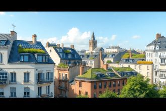 Paysage urbain moderne avec des bâtiments écoénergétiques, des panneaux solaires et des toits verts, illustrant la construction durable dans une vi...