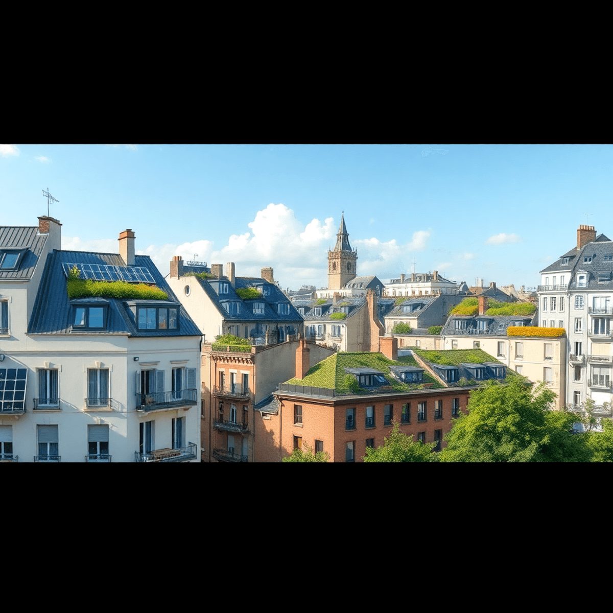 Paysage urbain moderne avec des bâtiments écoénergétiques, des panneaux solaires et des toits verts, illustrant la construction durable dans une vi...