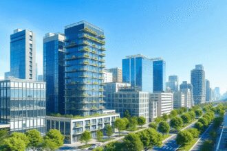 Paysage urbain moderne et durable avec des bâtiments écologiques, des icônes de réseau numérique, des symboles d'économie d'énergie, de la verdure,...