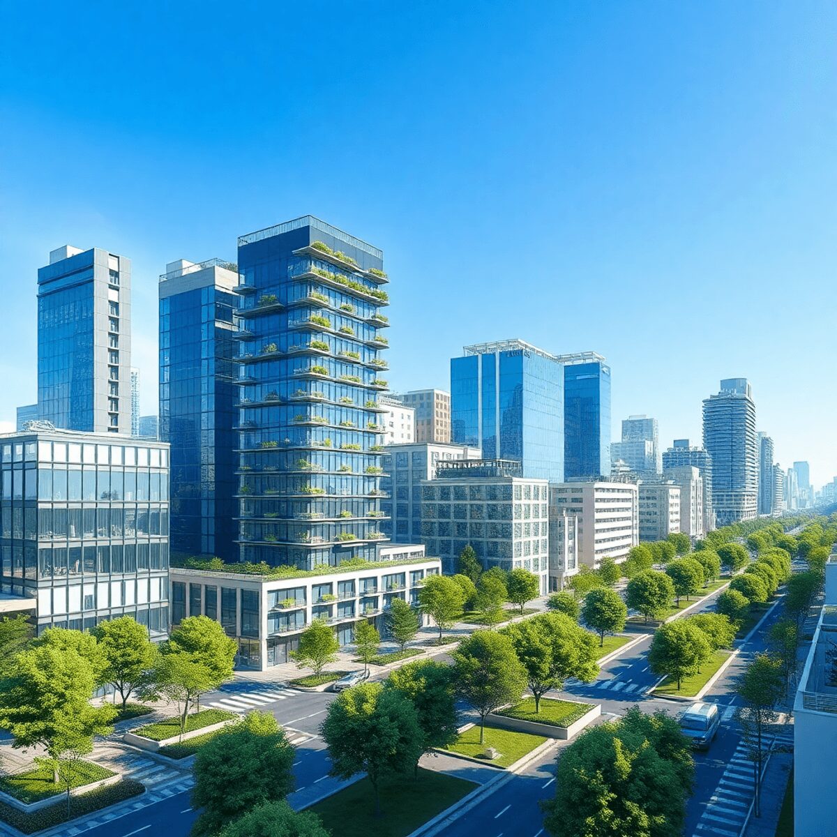 Paysage urbain moderne et durable avec des bâtiments écologiques, des icônes de réseau numérique, des symboles d'économie d'énergie, de la verdure,...