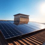 Toit-terrasse avec des panneaux solaires hybrides élégants combinant des collecteurs photovoltaïques et thermiques sous un ciel ensoleillé, mettant...