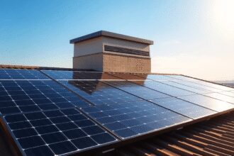 Toit-terrasse avec des panneaux solaires hybrides élégants combinant des collecteurs photovoltaïques et thermiques sous un ciel ensoleillé, mettant...