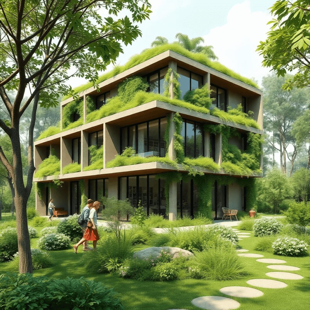 L’impression 3D au service de l’architecture durable : vers une révolution verte ? Un bâtiment durable moderne imprimé en 3D, entouré de verdure luxuriante et de caractéristiques écologiques, mettant en avant une construction vert...