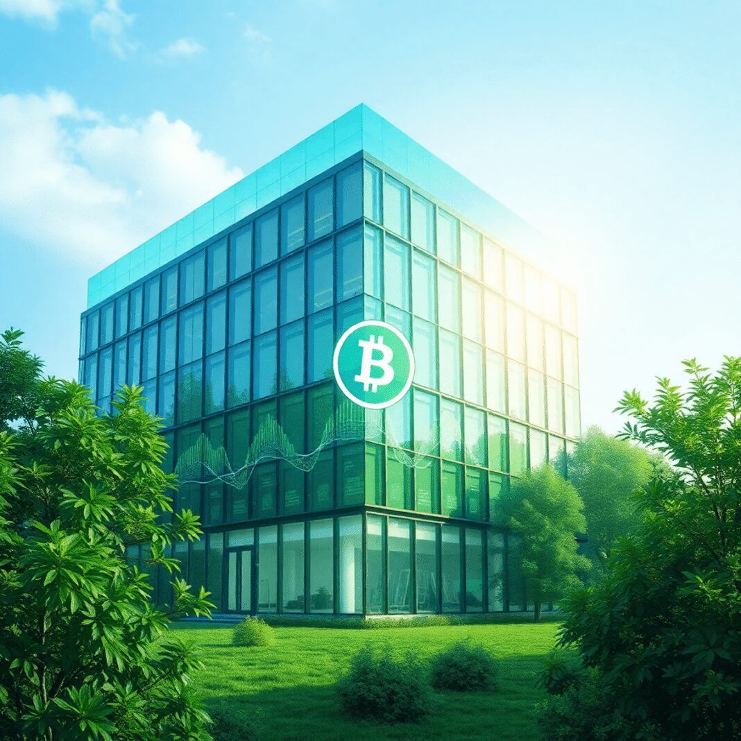 Bâtiments intelligents et blockchain : traçabilité environnementale garantie en 2025 ? Un bâtiment intelligent moderne avec des superpositions de données numériques, des symboles de blockchain et des éléments écologiques et respectueu...
