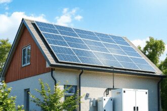 Un bâtiment moderne et durable avec des panneaux solaires et des batteries de stockage d'énergie, entouré de verdure sous un ciel ensoleillé, symbo...