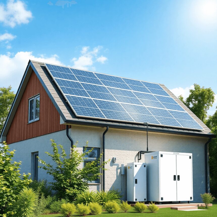 Un bâtiment moderne et durable avec des panneaux solaires et des batteries de stockage d'énergie, entouré de verdure sous un ciel ensoleillé, symbo...