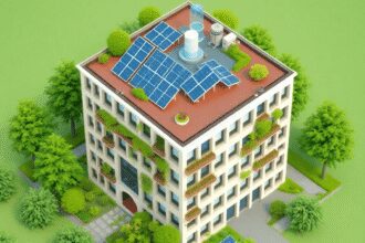 Un bâtiment moderne et écologique avec des panneaux solaires et des systèmes de collecte des eaux de pluie, entouré d'espaces verts, mettant en val...