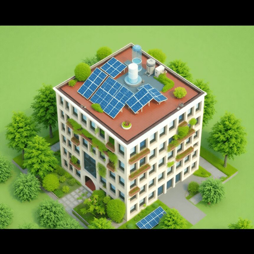 Un bâtiment moderne et écologique avec des panneaux solaires et des systèmes de collecte des eaux de pluie, entouré d'espaces verts, mettant en val...