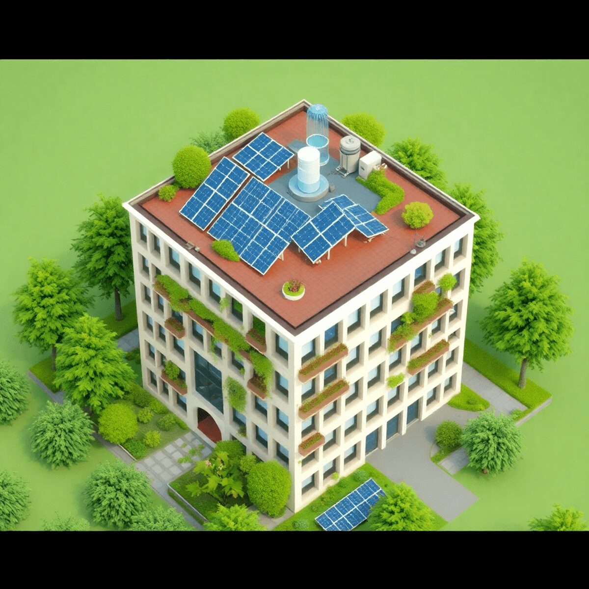 Un bâtiment moderne et écologique avec des panneaux solaires et des systèmes de collecte des eaux de pluie, entouré d'espaces verts, mettant en val...
