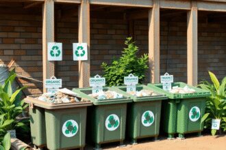 Un chantier de construction avec des bacs à déchets organiques organisés, des plantes vertes et des symboles de recyclage mettant en avant une gest...