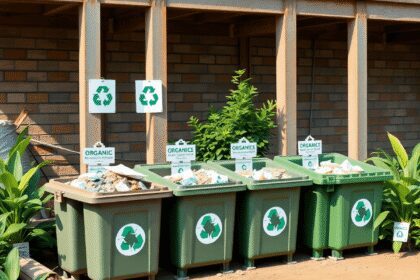 Un chantier de construction avec des bacs à déchets organiques organisés, des plantes vertes et des symboles de recyclage mettant en avant une gest...