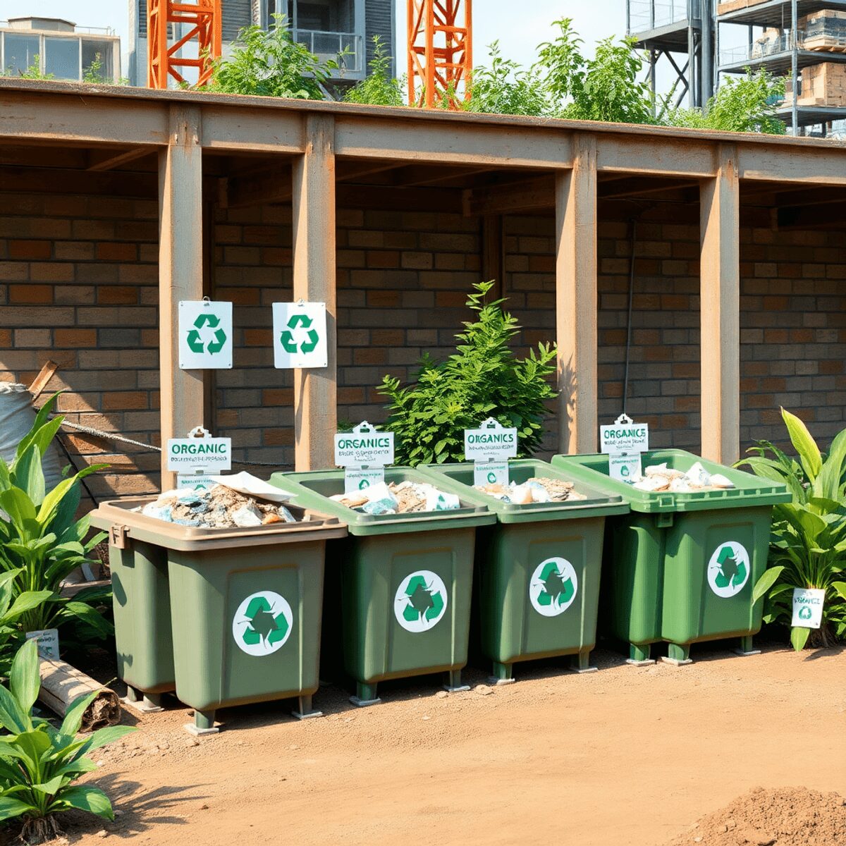 Un chantier de construction avec des bacs à déchets organiques organisés, des plantes vertes et des symboles de recyclage mettant en avant une gest...
