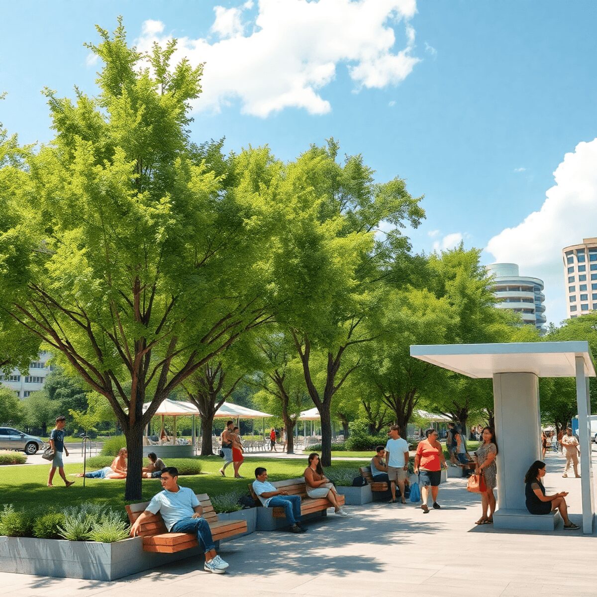 Un parc urbain ensoleillé avec des arbres luxuriants, des sièges ombragés, des structures modernes de refroidissement et des personnes diverses se ...