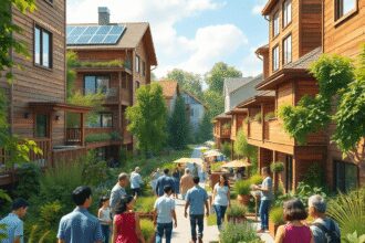 Un quartier urbain éco-responsable et dynamique avec des personnes diverses interagissant dans des espaces verts, des bâtiments durables avec des p...