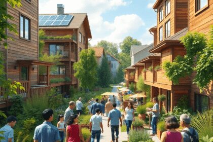 Un quartier urbain éco-responsable et dynamique avec des personnes diverses interagissant dans des espaces verts, des bâtiments durables avec des p...