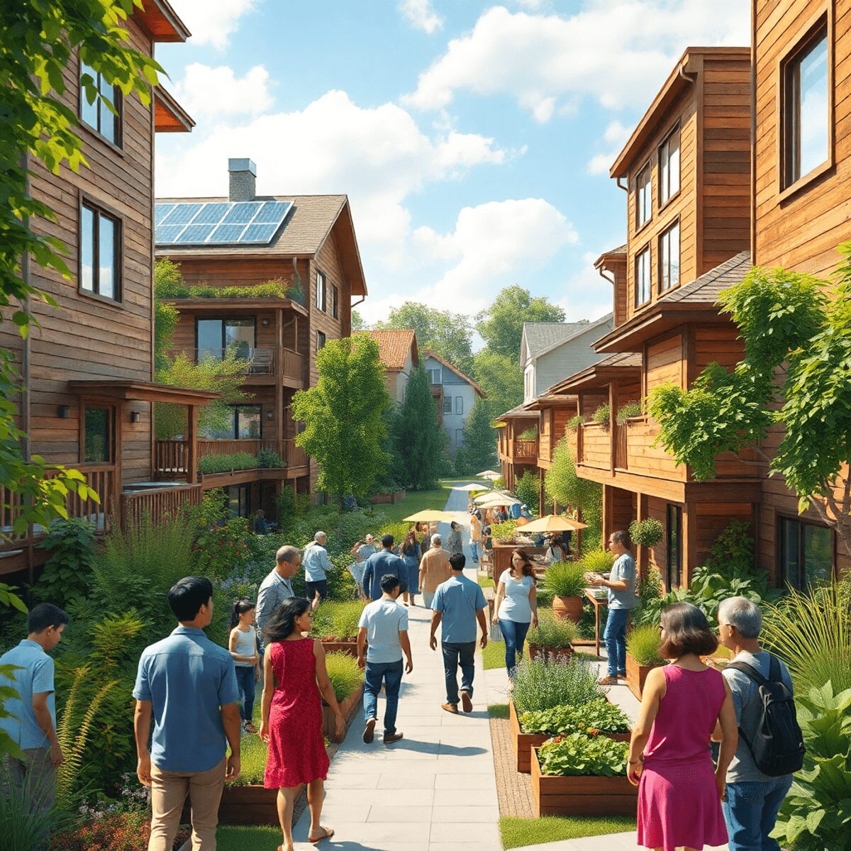 Un quartier urbain éco-responsable et dynamique avec des personnes diverses interagissant dans des espaces verts, des bâtiments durables avec des p...