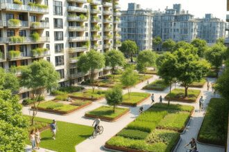 Un quartier urbain moderne avec des jardins sur les toits verts, des parcs communautaires avec des gens à l'extérieur, des pistes cyclables et des ...
