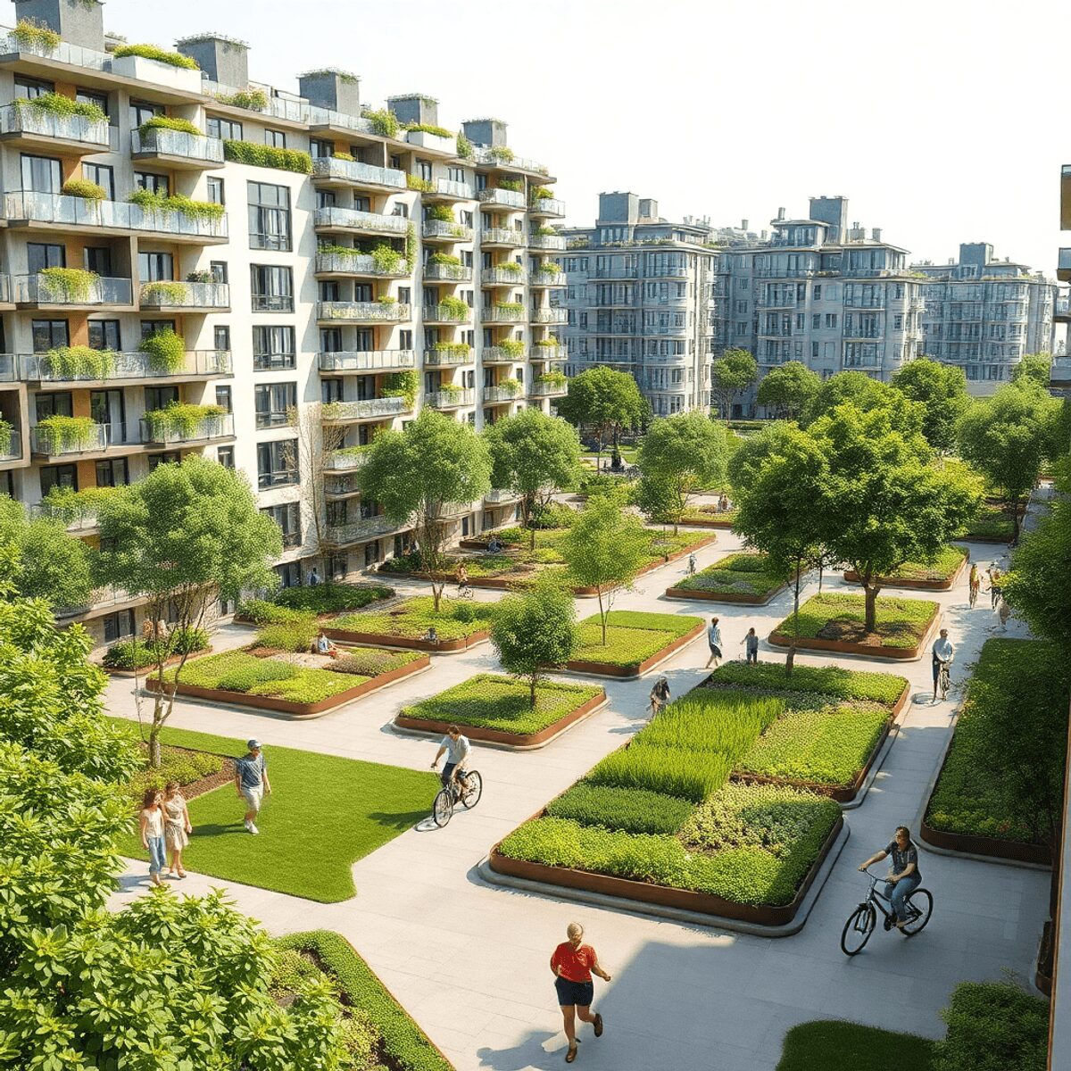 Un quartier urbain moderne avec des jardins sur les toits verts, des parcs communautaires avec des gens à l'extérieur, des pistes cyclables et des ...