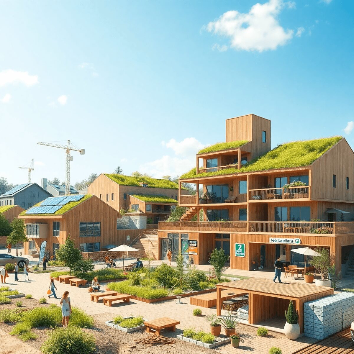 Un site de construction durable avec des bâtiments écologiques, des toits verts, des panneaux solaires, des espaces communautaires et des symboles ...