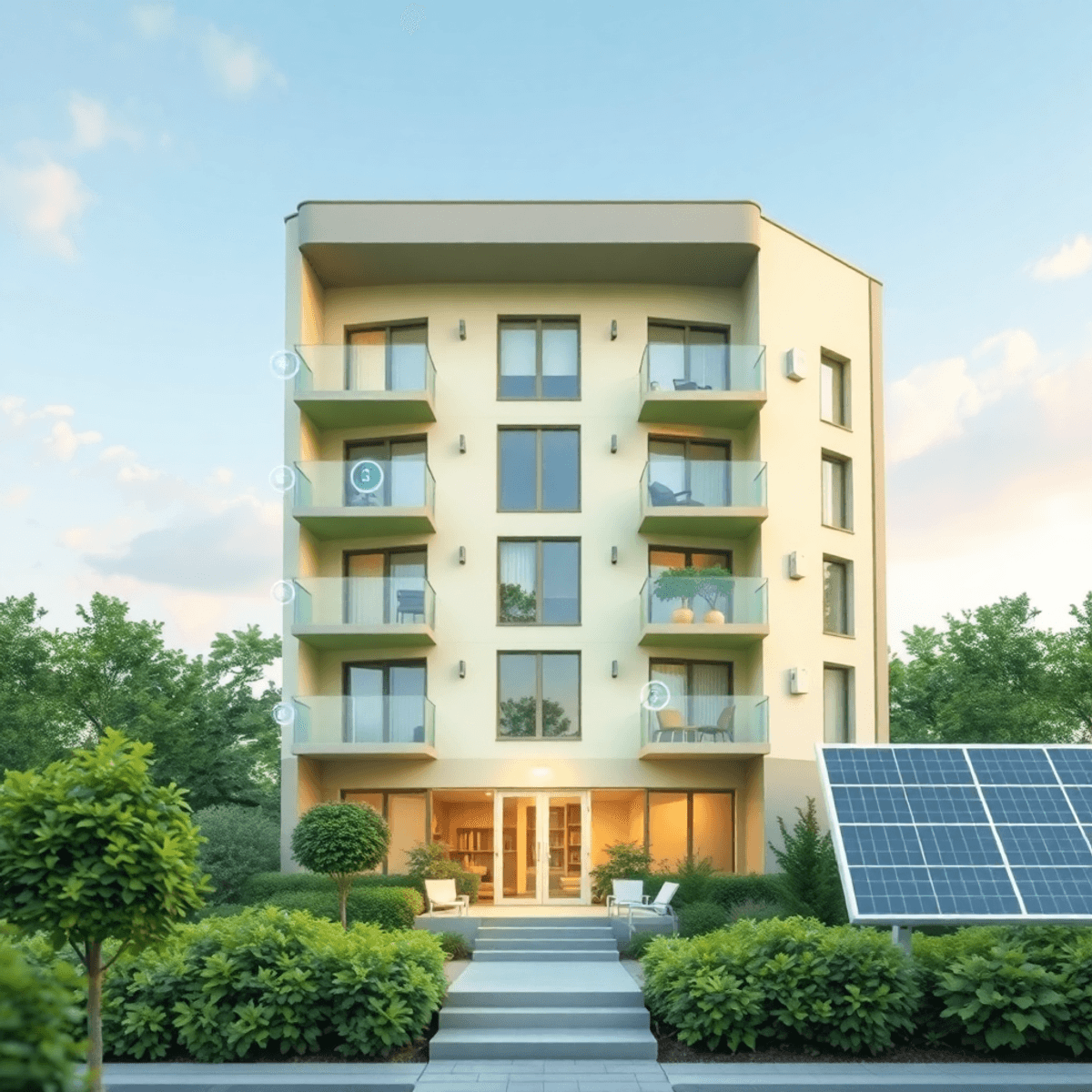 Bâtiment d'appartements moderne avec des dispositifs de maison intelligente, des panneaux solaires et une végétation verte, mettant en avant un mod...