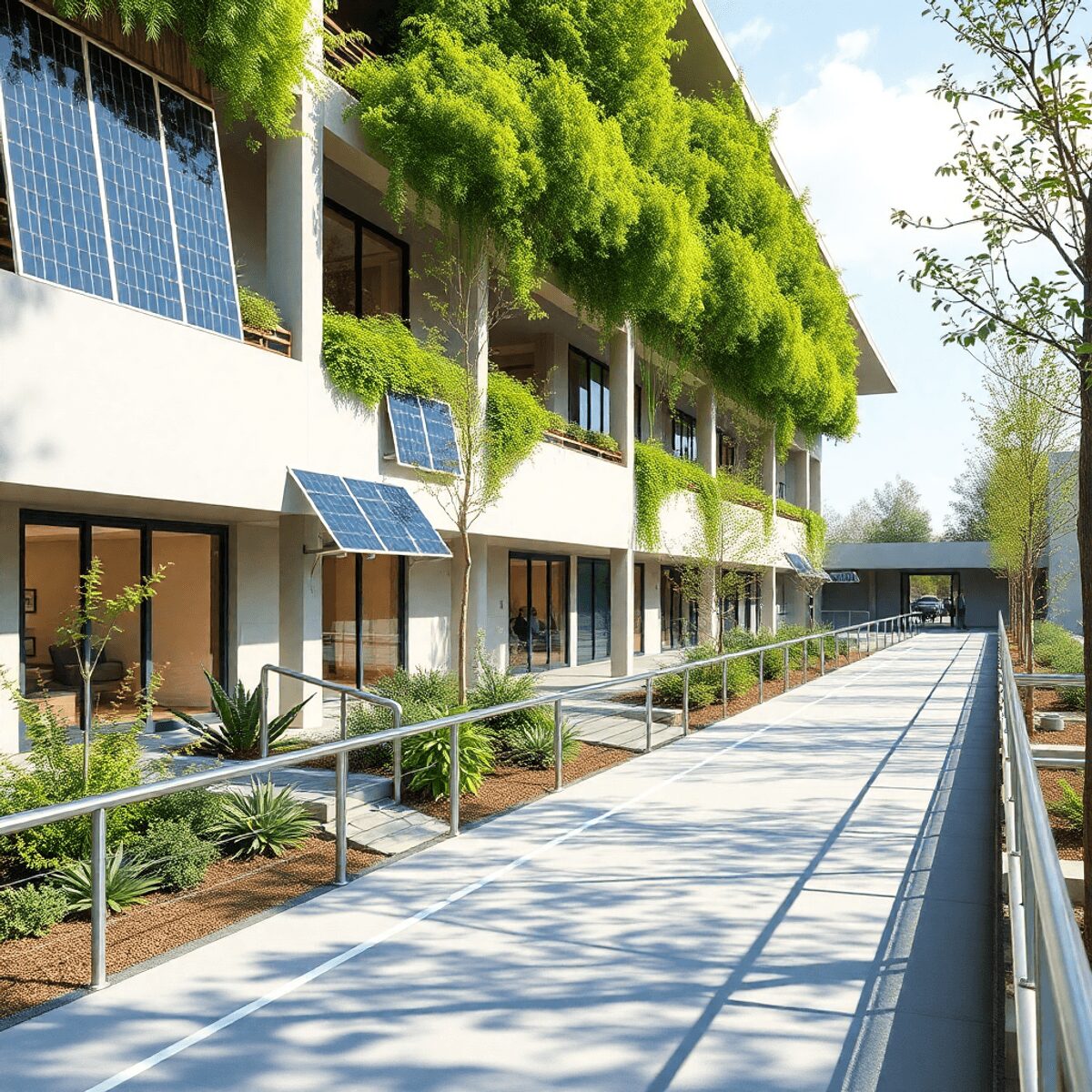 Bâtiment moderne écologique avec panneaux solaires, végétation, rampes accessibles et larges chemins, mettant en valeur une architecture bioclimati...