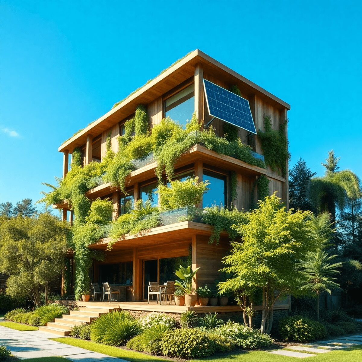 Bâtiment moderne et durable avec des panneaux solaires, entouré d'arbres et de plantes verts sous un ciel bleu clair, mettant en avant une architec...